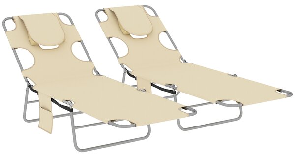 Outsunny 5-Position Adjustable Sun Loungers Set of 2 with Reading Hole and Side Pocket, Beige