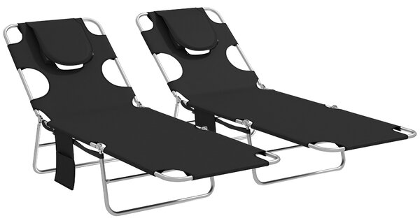 Outsunny 5-Position Adjustable Sun Loungers Set of 2 with Reading Hole and Side Pocket, Black