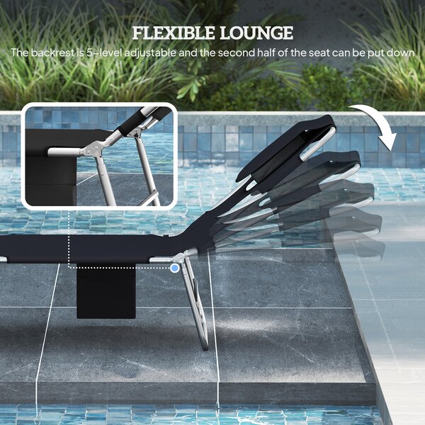 Outsunny 5-Position Adjustable Sun Loungers Set of 2 with Reading Hole and Side Pocket, Black