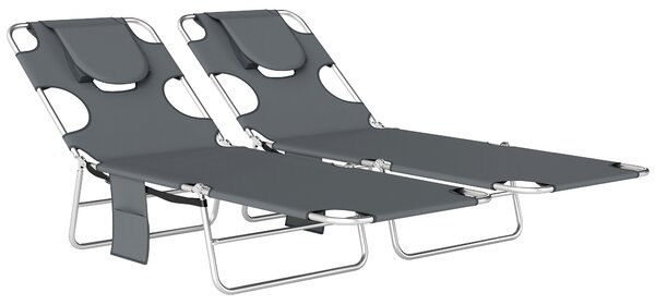 Outsunny 5-Position Adjustable Sun Loungers Set of 2 with Reading Hole and Side Pocket, Dark Grey