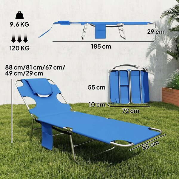 Outsunny 5-Position Adjustable Sun Loungers Set of 2 with Reading Hole and Side Pocket, Blue