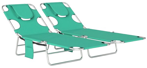 Outsunny 5-Position Adjustable Sun Loungers Set of 2 with Reading Hole and Side Pocket, Green