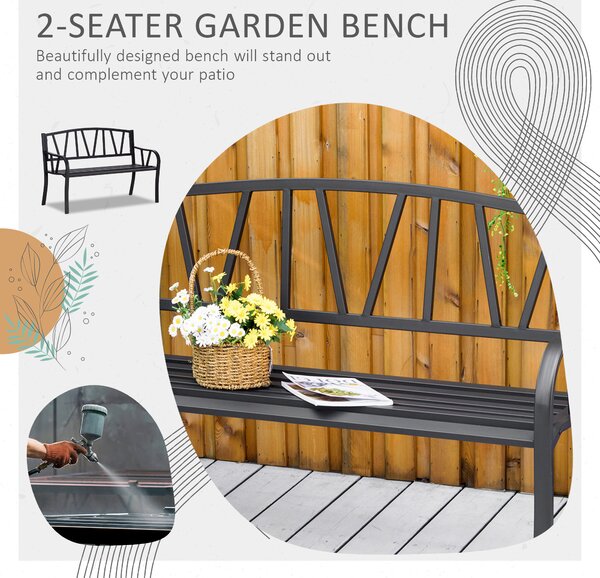 Outsunny 2-Seater Garden Bench with Cushion, Metal Loveseat, Slatted Outdoor Park Chair with Decorative Backrest and Armrest, Black