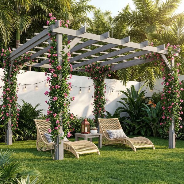 Outsunny 3 x 3 m Wooden Pergola Kit, Decorative Garden Gazebo Shelter with Stable Structure for Climbing Vines, Grey