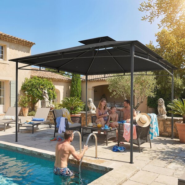Outsunny 3 x 3 m Gazebo, Garden Gazebo with 2-Tier Roof, Metal Frame, Dark Grey