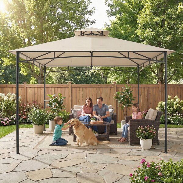 Outsunny 3 x 3 m Gazebo, Garden Gazebo with 2-Tier Roof, Metal Frame, Khaki