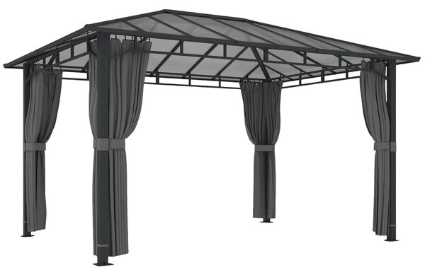 Outsunny 3 x 4 m Outdoor Hardtop Gazebo Canopy with PC Roof, Aluminium Permanent Pavilion Garden Gazebo with Curtains, Dark Grey