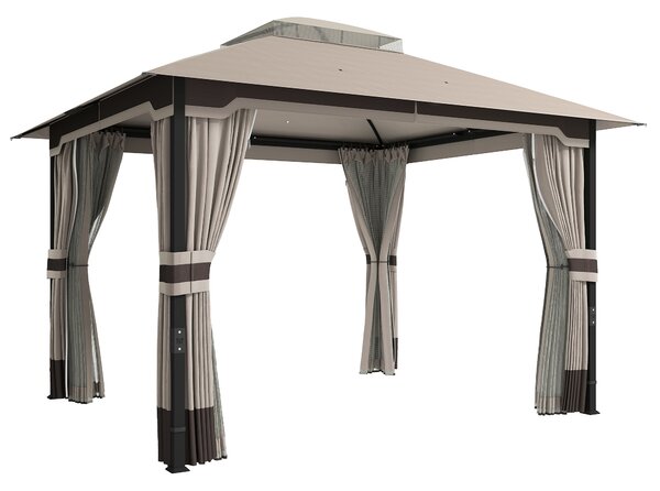 Outsunny 3 x 3.6 m Outdoor Garden Gazebo with Netting and Curtains, Double Roof Patio Gazebo Permanent Pavilion, Khaki