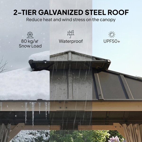 Outsunny 3 x 3 m Outdoor Hardtop Gazebo Canopy with 2-Tier Steel Roof, Wood Garden Gazebo with Curtains, Light Grey