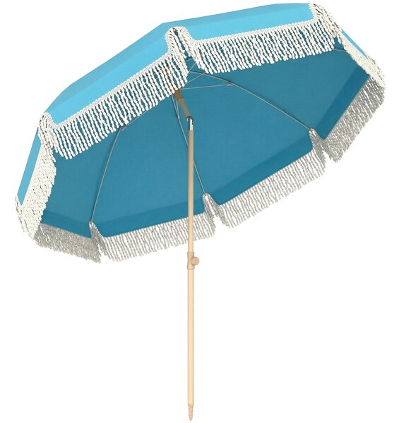 Outsunny 1.7 m Beach Umbrella with Sand Anchor, 30° Tilting Fringed Beach Garden Parasol with Adjustable Height, Grey