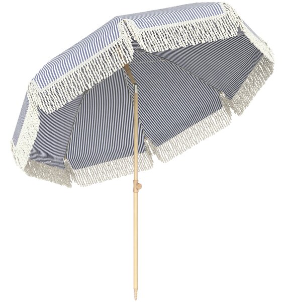 Outsunny 1.7 m Beach Umbrella with Sand Anchor, 30° Tilting Fringed Beach Garden Parasol with Adjustable Height, Blue