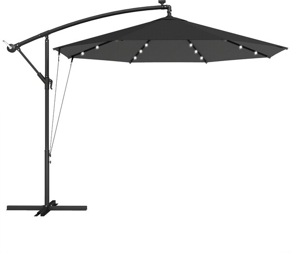 Outsunny 3 m Cantilever Parasol with Solar LED Lights Garden Umbrella with Cross Base, Black