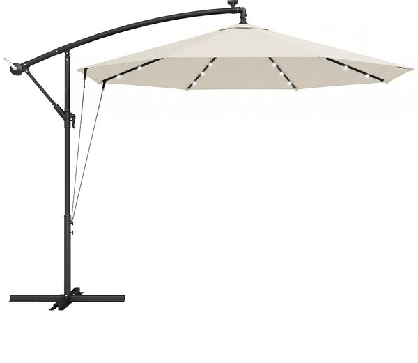 Outsunny 3 m Cantilever Parasol with Solar LED Lights Garden Umbrella with Cross Base, Cream White
