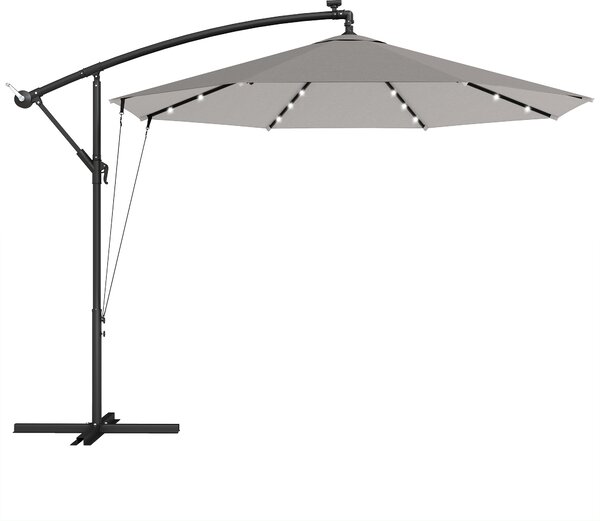 Outsunny 3 m Cantilever Parasol with Solar LED Lights Garden Umbrella with Cross Base, Light Grey