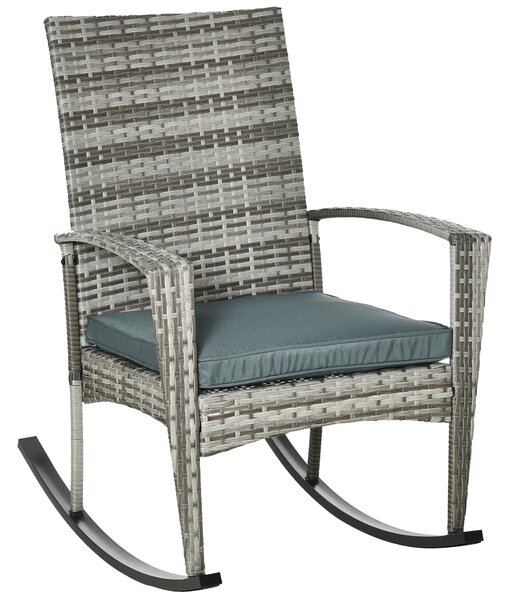 Outsunny Rattan Rocking Chair Rocker Garden Furniture Seater Patio Bistro Relaxer Outdoor Wicker Weave with Cushion - Light Grey