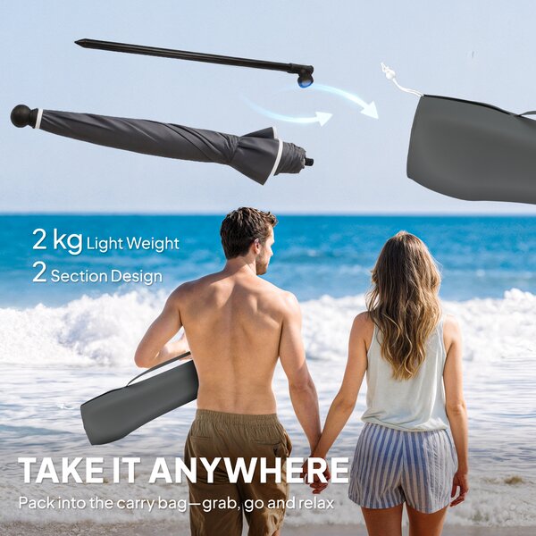 Outsunny 1.8 m Beach Umbrella Parasol with Sand Anchor, Portable 30° Tilting Patio Sun Shade with Adjustable Height, Dark Grey