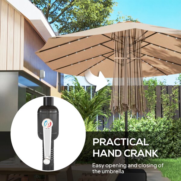 Outsunny Patio Umbrella Double-Sided Outdoor Umbrella with Solar Lights Base, Khaki