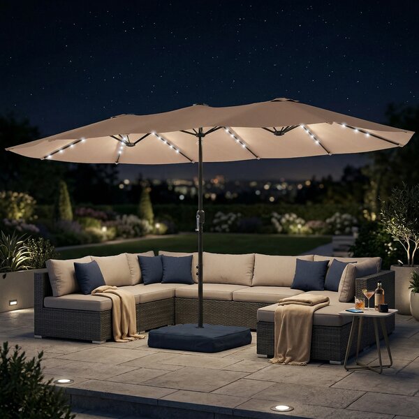Outsunny Patio Umbrella Double-Sided Outdoor Umbrella with Solar Lights Base, Khaki