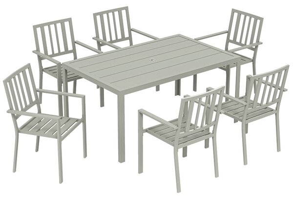 Outsunny Garden Table and Chairs for 6, 7 Pieces Garden Furniture Set with Table, 6 Stackable Chairs and Umbrella Hole Light Grey