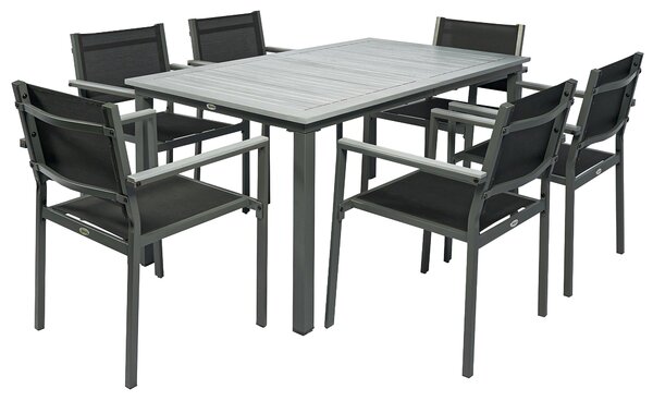 Outsunny Garden Dining Set with Acacia Wood Table Top, Outdoor Table and Stackable Chairs Set for 6 with Texteline Seat, for Patio, Conservatory, Terrace, Grey