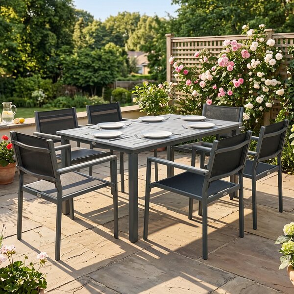 Outsunny Garden Dining Set with Acacia Wood Table Top, Outdoor Table and Stackable Chairs Set for 6 with Texteline Seat, for Patio, Conservatory, Terrace, Grey