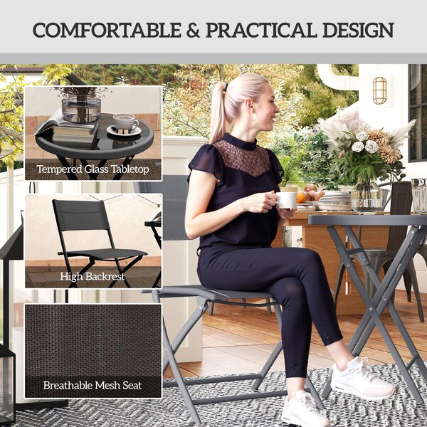Outsunny 3 Pieces Outdoor Bistro Set, Glass Top Outdoor Table and 2 Folding Chairs with Protecting Feet, Black