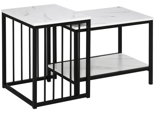 HOMCOM Modern Coffee Table Set of Two, Marble-Effect Nest of Tables with Steel Frame for Living Room, White and Black