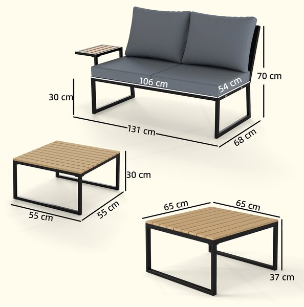 Outsunny 4 Seater Metal Garden Furniture Set, Corner Garden Sofa Set with 2 Loveseats, 2 Nesting Tables, Arm Side Trays, Teak