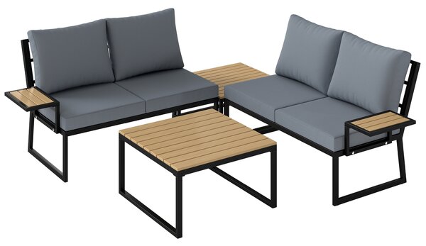 Outsunny 4 Seater Metal Garden Furniture Set, Corner Garden Sofa Set with 2 Loveseats, 2 Nesting Tables, Arm Side Trays, Teak