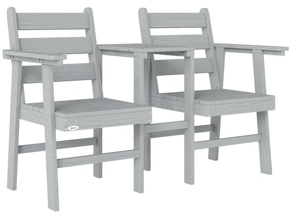 Outsunny Outdoor Garden Loveseat, Embossed Wooden Jack and Jill Garden Seat with Integrated Table, Grey