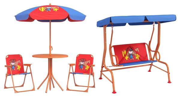 Outsunny 4 Piece Kids Garden Furniture Set with Adjustable Canopy, Cowboy Themed, Kids Garden Table and Chair Set and Double Seat