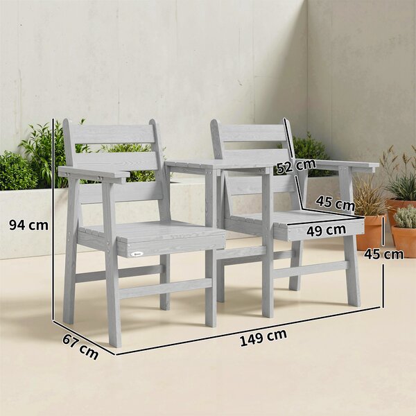 Outsunny Outdoor Garden Loveseat, Embossed Wooden Jack and Jill Garden Seat with Integrated Table, Grey