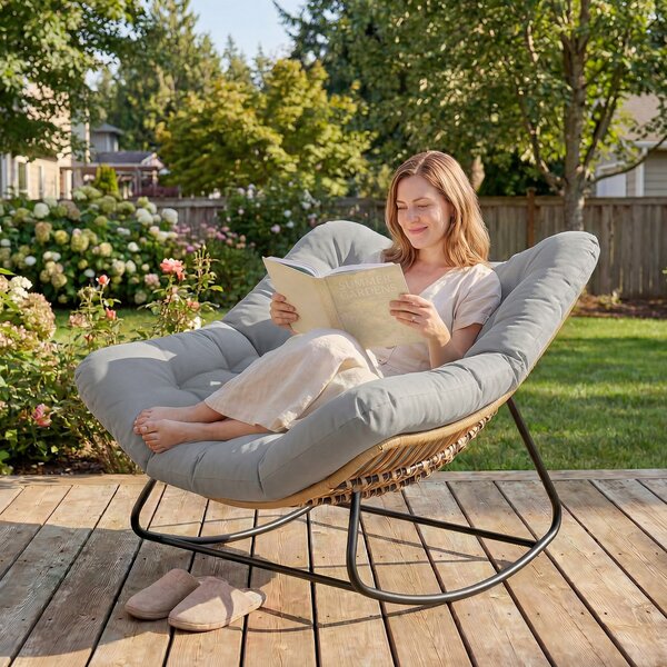 Outsunny Indoor Outdoor Rocking Chair, Oversized Rocking Egg Chair with Cushion for Living Room, Garden, Patio, Light Grey Aosom UK