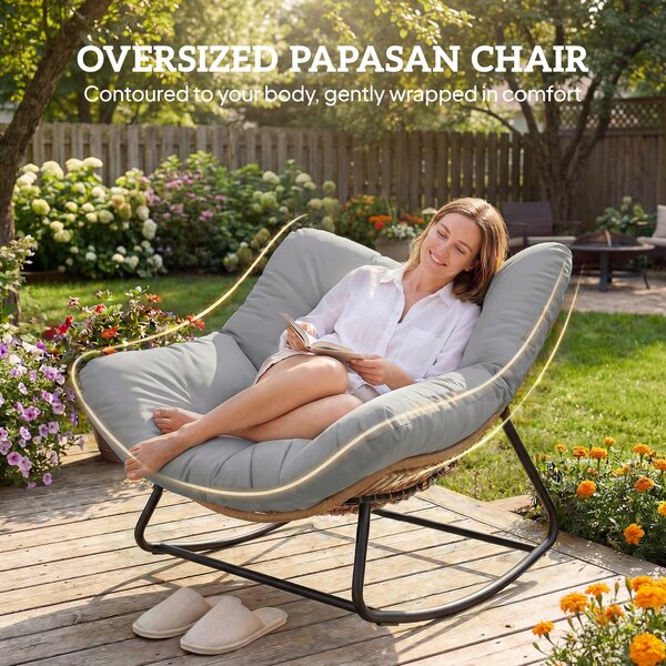 Outsunny Indoor Outdoor Rocking Chair, Oversized Rocking Egg Chair with Cushion for Living Room, Garden, Patio, Light Grey Aosom UK