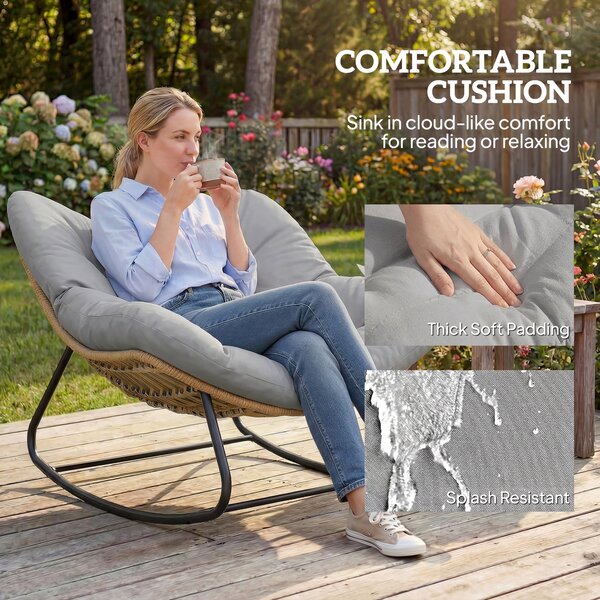 Outsunny Indoor Outdoor Rocking Chair, Oversized Rocking Egg Chair with Cushion for Living Room, Garden, Patio, Light Grey Aosom UK