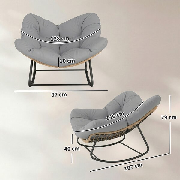Outsunny Indoor Outdoor Rocking Chair, Oversized Rocking Egg Chair with Cushion for Living Room, Garden, Patio, Light Grey Aosom UK