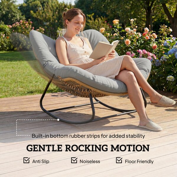 Outsunny Indoor Outdoor Rocking Chair, Oversized Rocking Egg Chair with Cushion for Living Room, Garden, Patio, Light Grey Aosom UK