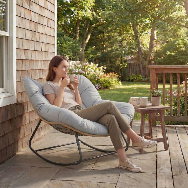 Outsunny Indoor Outdoor Rocking Chair, Oversized Rocking Egg Chair with Cushion for Living Room, Garden, Patio, Light Grey Aosom UK