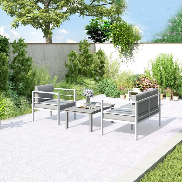 Outsunny 4 Piece Garden Furniture Set, 4 Seater Aluminium Garden Sofa Set with 2 Armchairs, Loveseat, Coffee Table and Cushions, Outdoor Conversation Conservatory Furniture for Patio, Charcoal Grey
