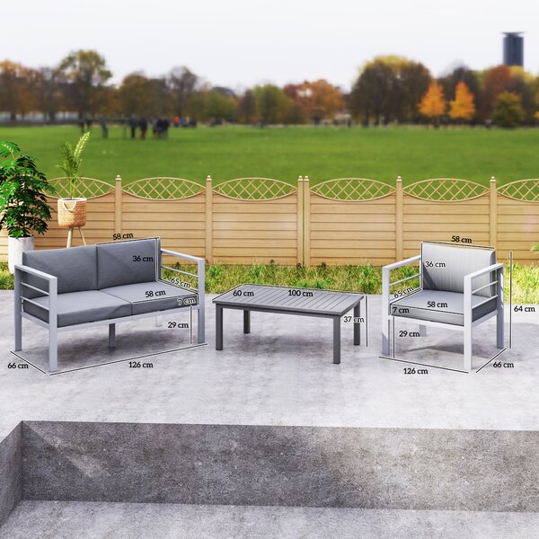 Outsunny 4 Piece Garden Furniture Set, 4 Seater Aluminium Garden Sofa Set with 2 Armchairs, Loveseat, Coffee Table and Cushions, Outdoor Conversation Conservatory Furniture for Patio, Charcoal Grey