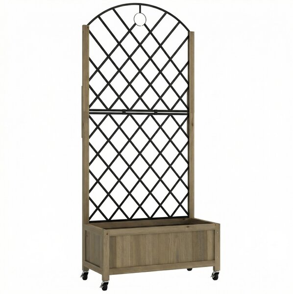 Outsunny Raised Garden Bed with Metal Trellis, Wooden Elevated Planter Box w/Lockable Wheels, Outdoor Raised Planter, Carbonised