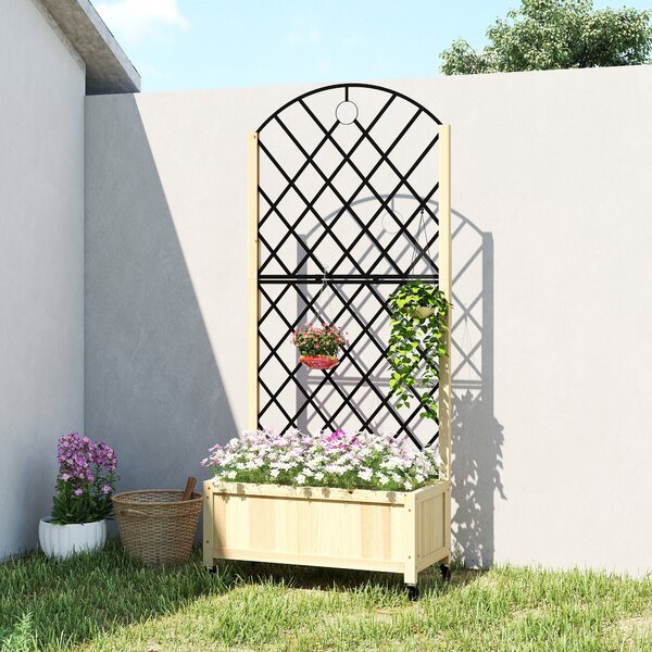 Outsunny Raised Garden Bed with Metal Trellis, Wooden Elevated Planter Box with Lockable Wheels, Outdoor Raised Planter, Natural