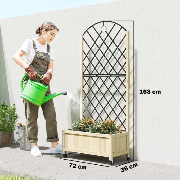 Outsunny Raised Garden Bed with Metal Trellis, Wooden Elevated Planter Box with Lockable Wheels, Outdoor Raised Planter, Natural