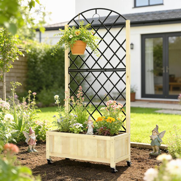 Outsunny Raised Garden Bed with Metal Trellis, Wooden Elevated Planter Box with Lockable Wheels, Outdoor Raised Planter, Natural