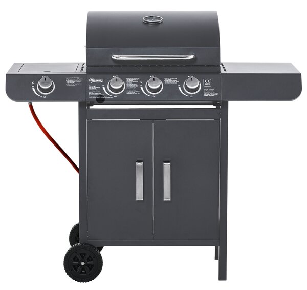 Outsunny 3+1 Burner Gas BBQ Grill, Outdoor Barbecue Trolley with Wheels, Warming Rack, Side Shelves, Cabinet, Thermometer for Garden, Party, Camping, 110L x 50W x 100Hcm, Grey