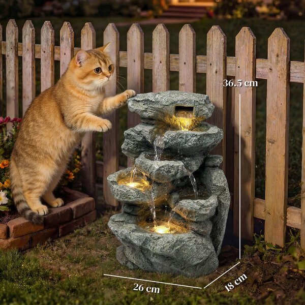 Outsunny Outdoor Fountain with 6-Tier Rock Design, Waterfall Feature with LED Lights, Resin Freestanding Garden Fountain, Grey