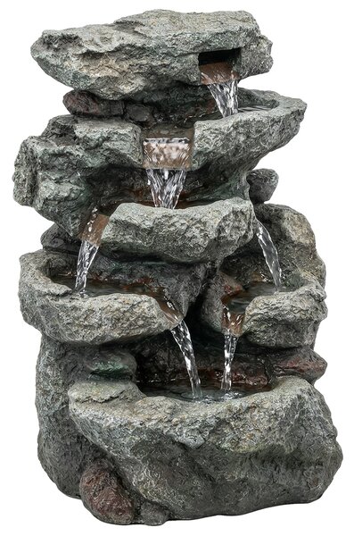 Outsunny Outdoor Fountain with 6-Tier Rock Design, Waterfall Feature with LED Lights, Resin Freestanding Garden Fountain, Grey