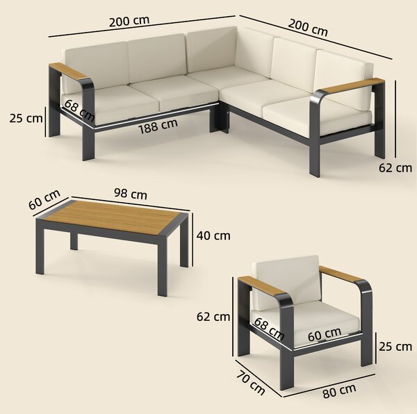 Outsunny 3 Pieces Garden Furniture Set with L-Shaped Sofa, Armchair and Coffee Table, Aluminium Garden Corner Sofa Set