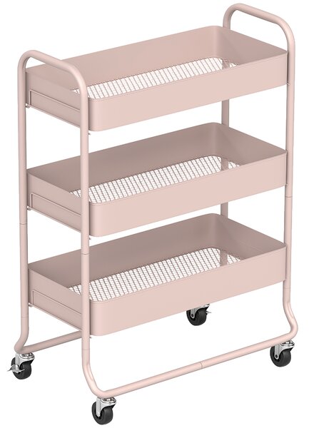 HOMCOM 3-Tier Storage Trolley on Wheels, Rolling Utility Cart with Mesh Backets for Kitchen, Bathroom, Bedroom, Light Pink