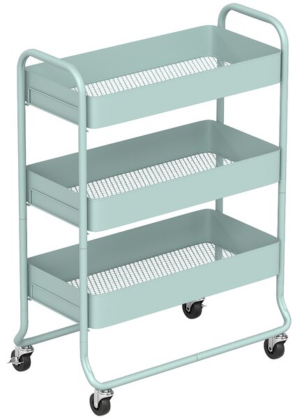 HOMCOM 3-Tier Storage Trolley on Wheels, Rolling Utility Cart with Mesh Backets for Kitchen, Bathroom, Bedroom, Light Green